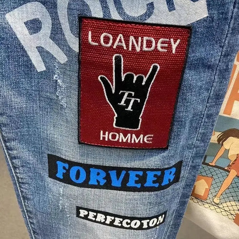Slim Fit Korean Streetwear Graphical Printed Luxury Hip-Hop Stretch Denim Jeans for Men - Perfect Medium Wash Jeans Outfit
